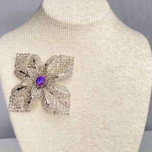 Jumbo Flower Brooch/Pendant Silver Tone FilagreePetals with Central Purple Stone